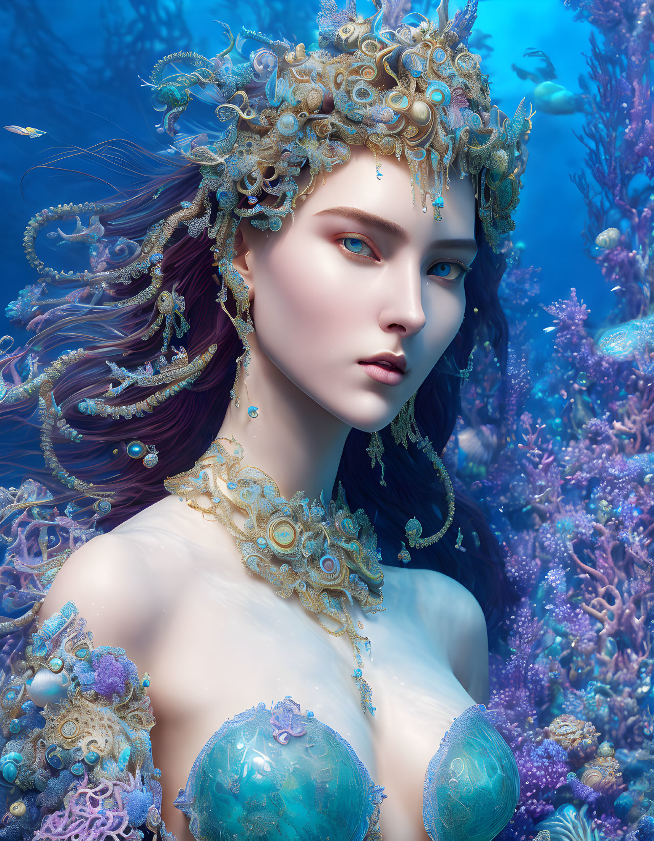 Fantasy illustration of female figure with blue skin and marine elements in vibrant coral backdrop