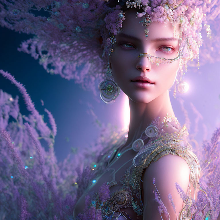 Fantasy female character digital portrait with floral crown on soft blue background