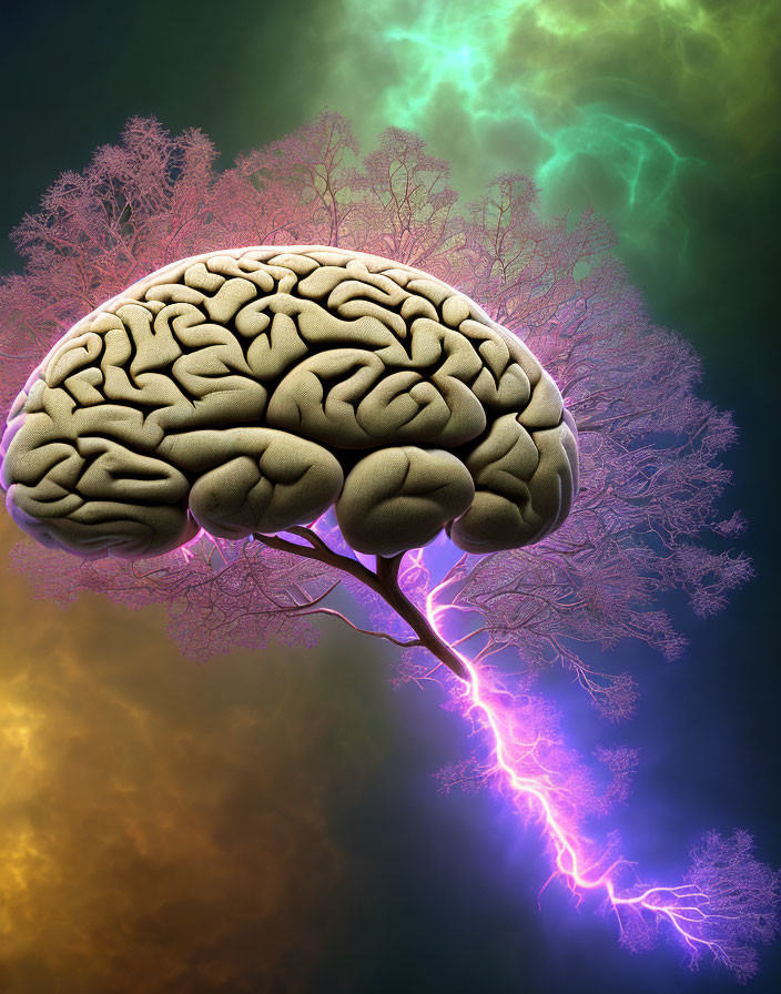 Colorful lightning effects behind human brain with tree root structure