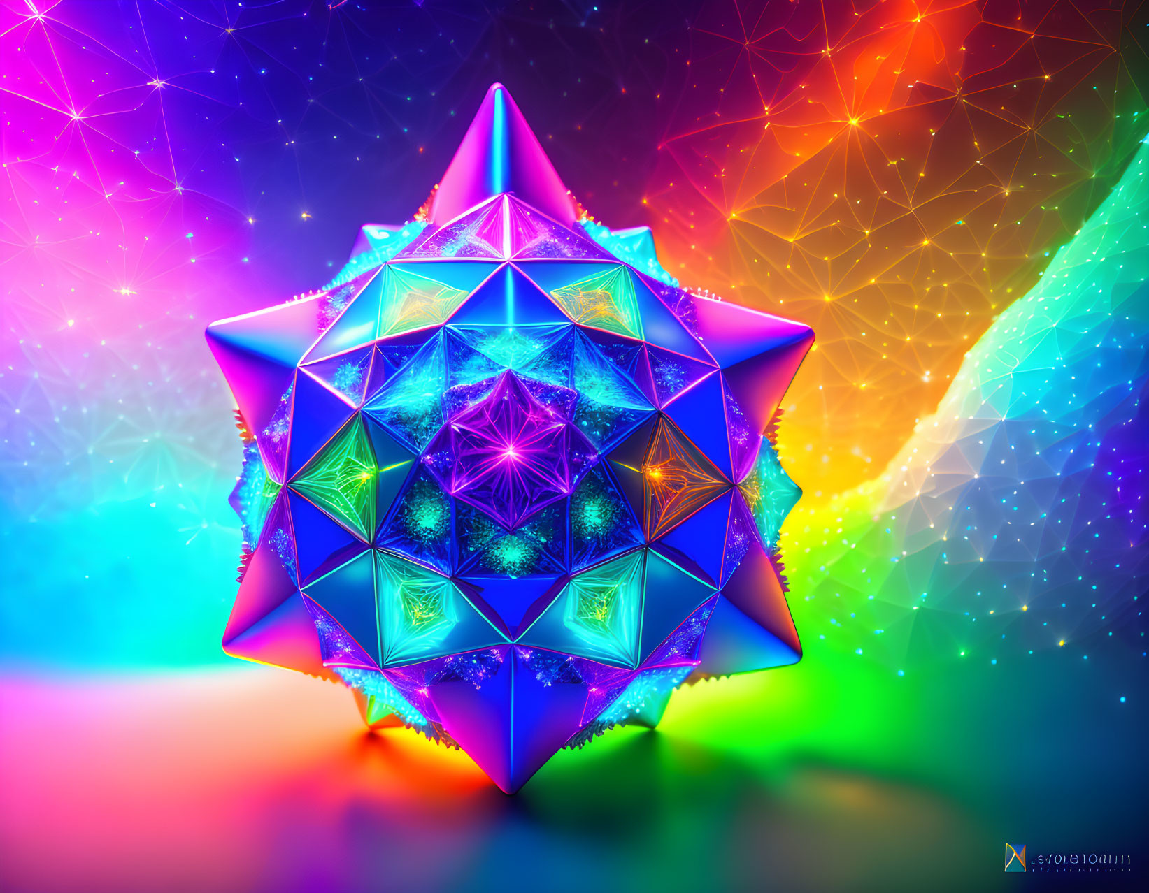 Colorful Geometric Star Artwork on Rainbow Background