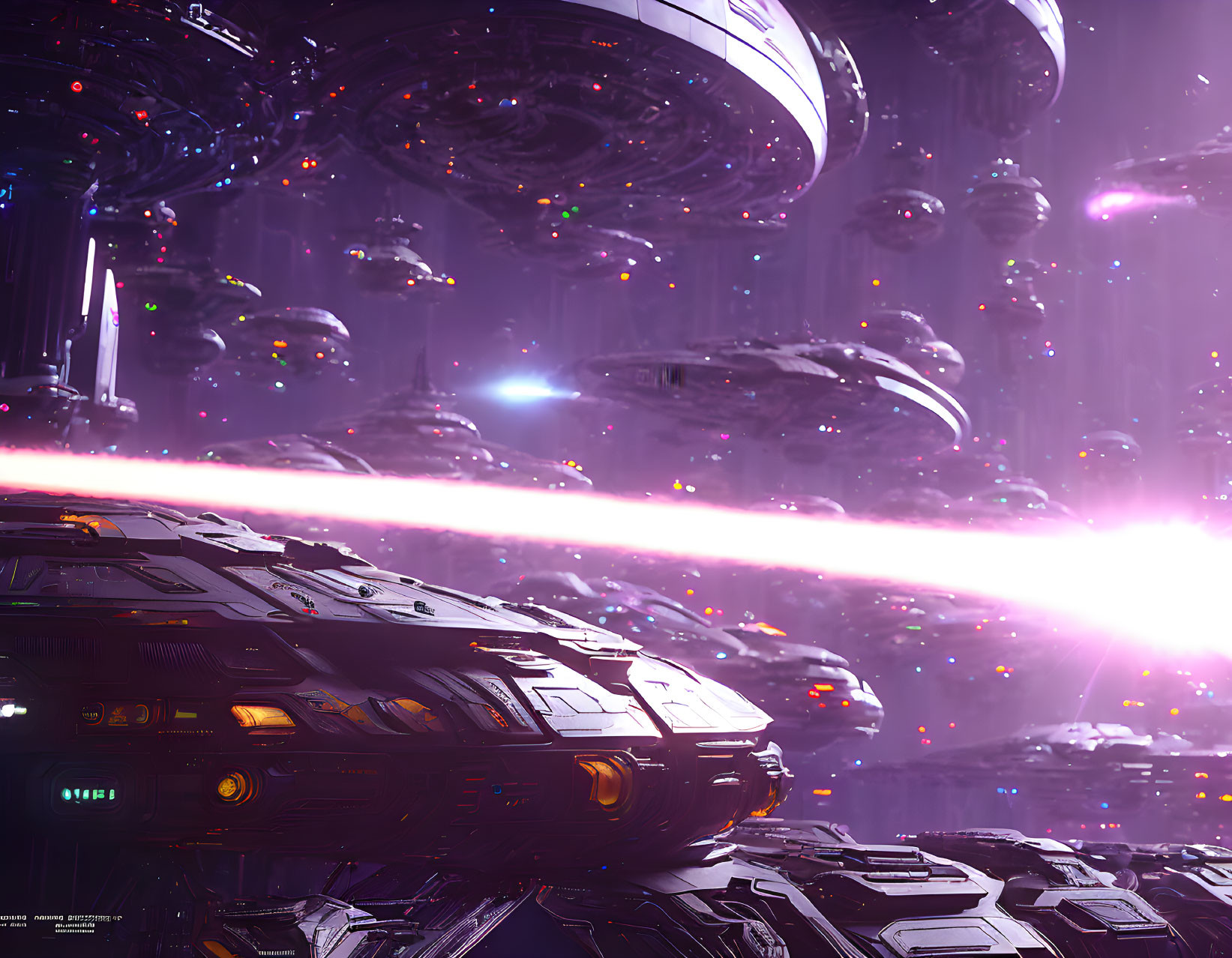 Detailed futuristic space battle with large spaceships and laser beams in vibrant cosmic setting