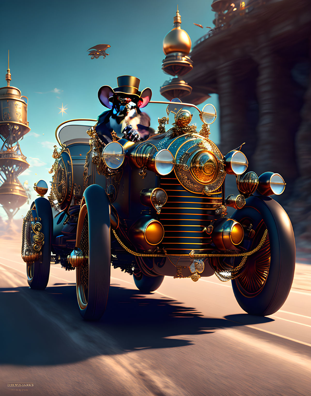 Anthropomorphic mouse in top hat driving steampunk-style car past ornate buildings