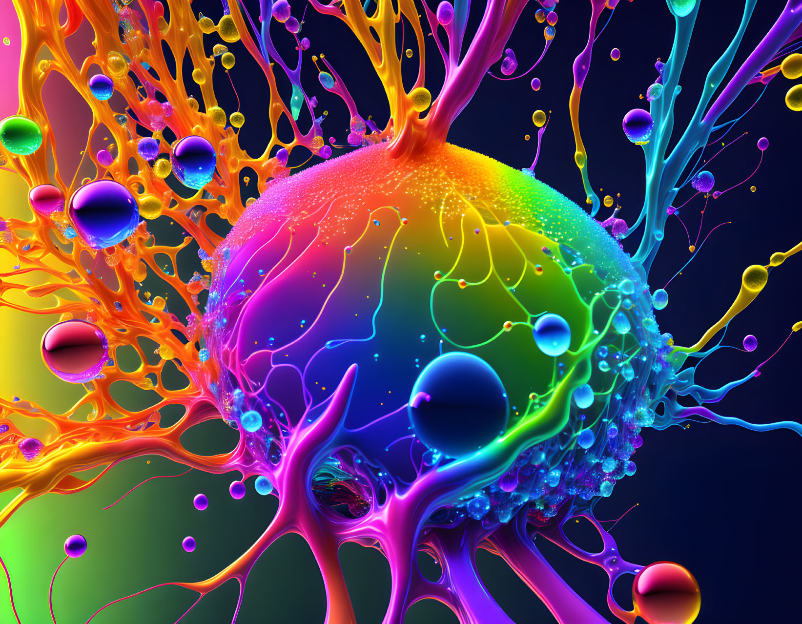 Colorful 3D render: Vibrant liquid splashes and droplets in neon hues