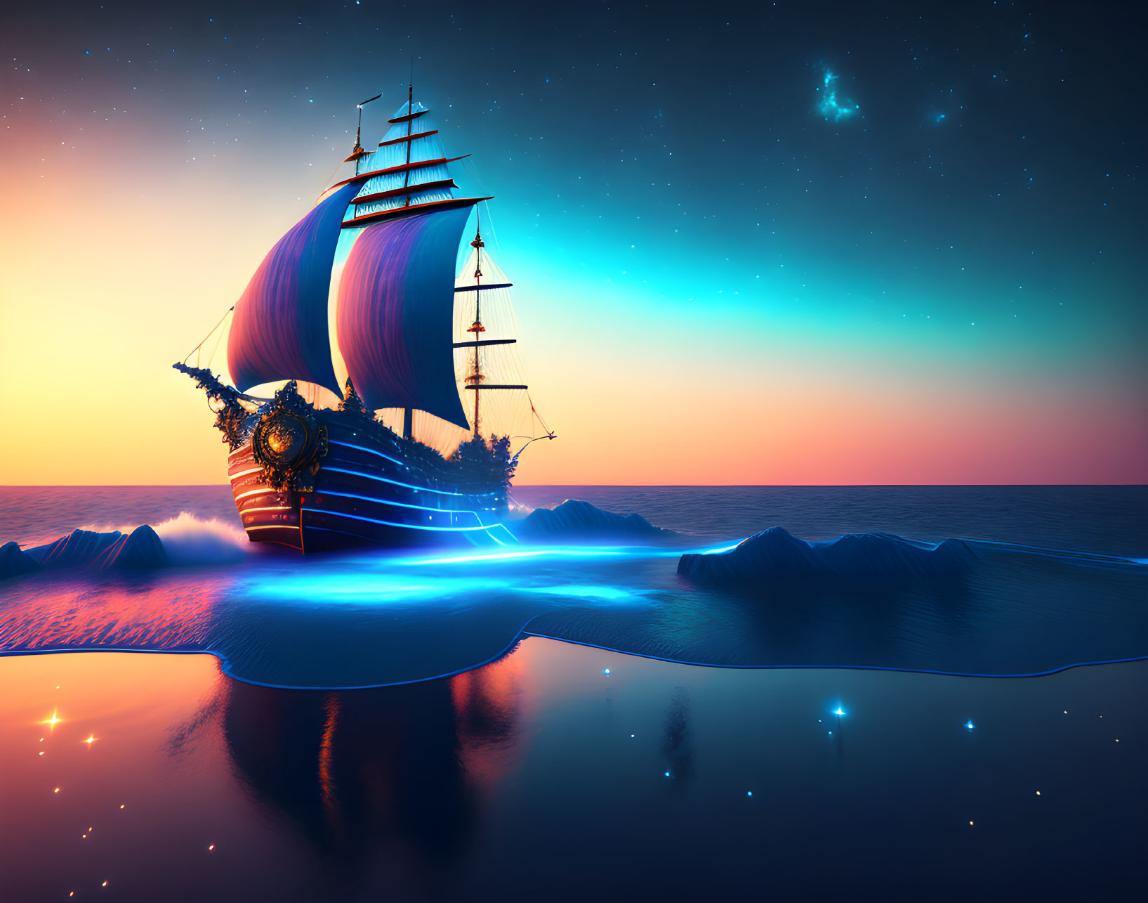 Digital artwork of sailing ship on serene ocean at sunset