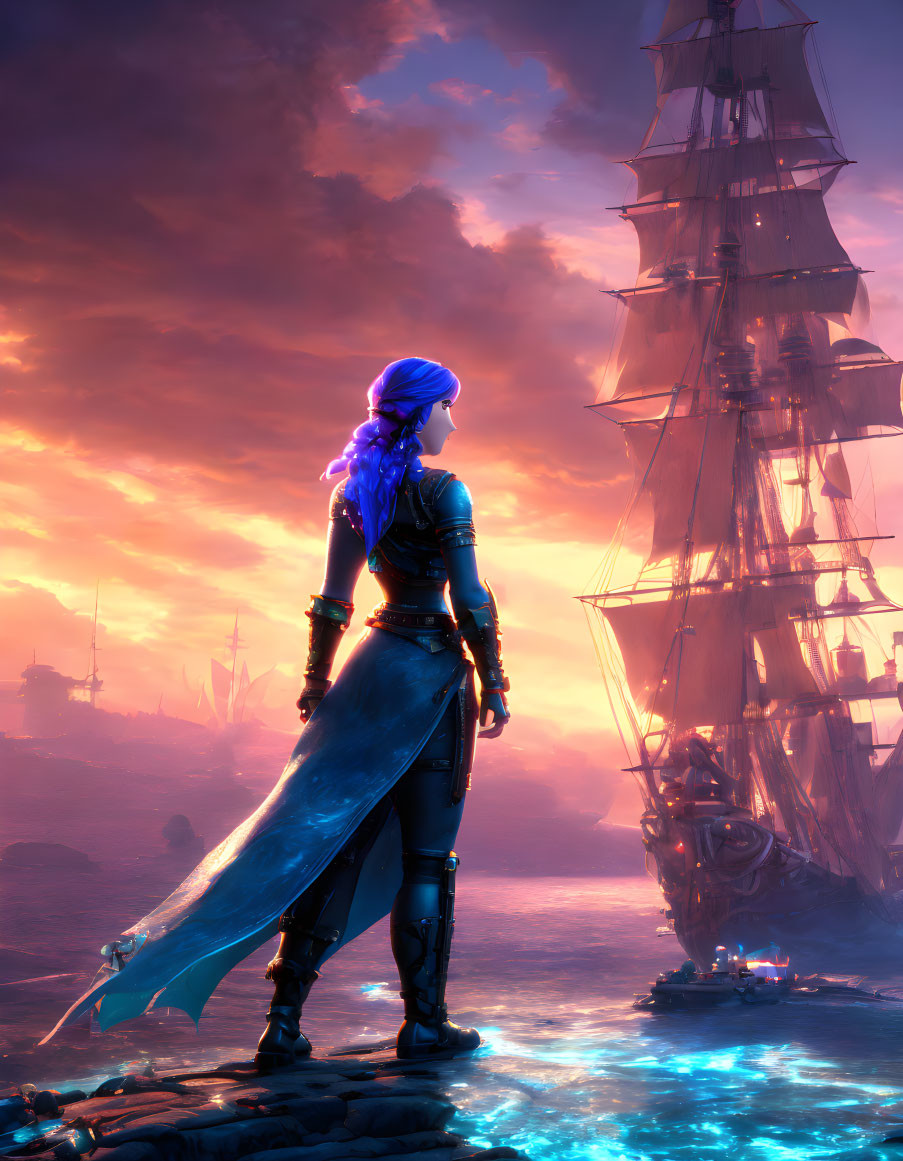 Blue-haired female pirate on rocky shore at sunset with tall ship and vessels in mist-covered sea