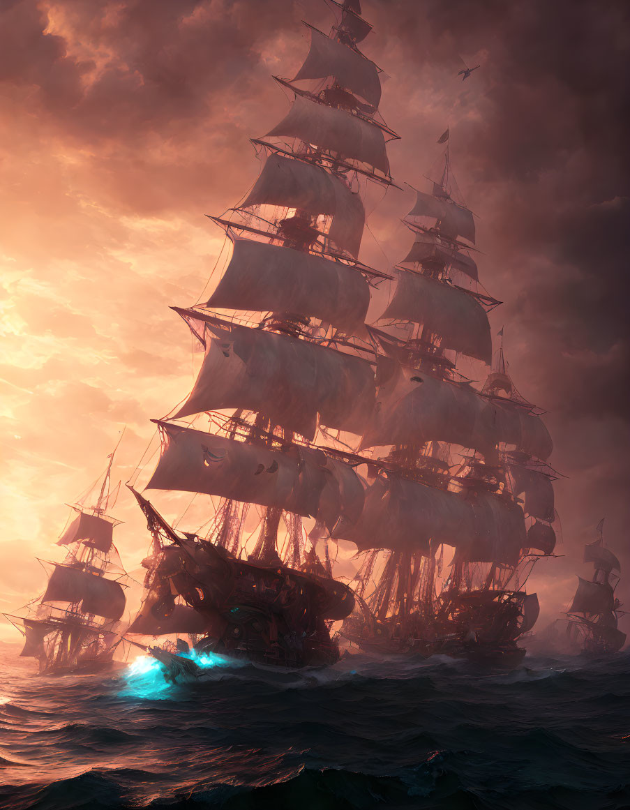 Tall ship with full sails in stormy sea at sunset surrounded by other ships