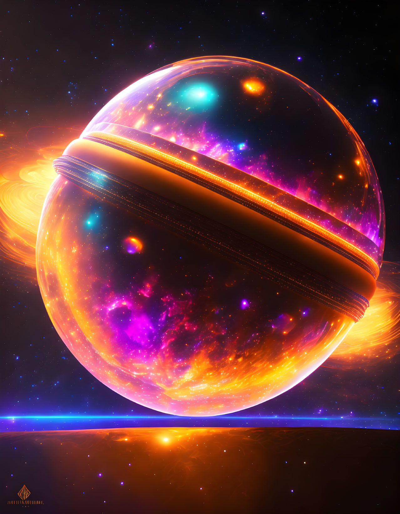 Colorful digital artwork: Giant glowing planet with rings in cosmic setting