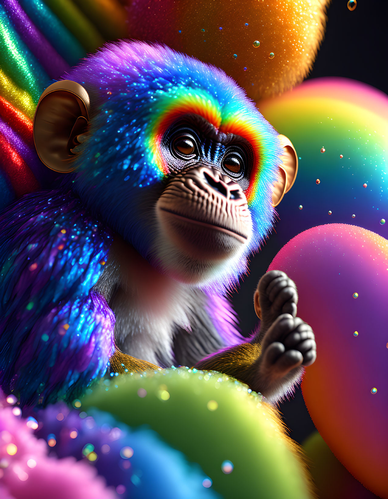 Colorful Monkey Artwork with Rainbow Fur and Orbs on Dark Background