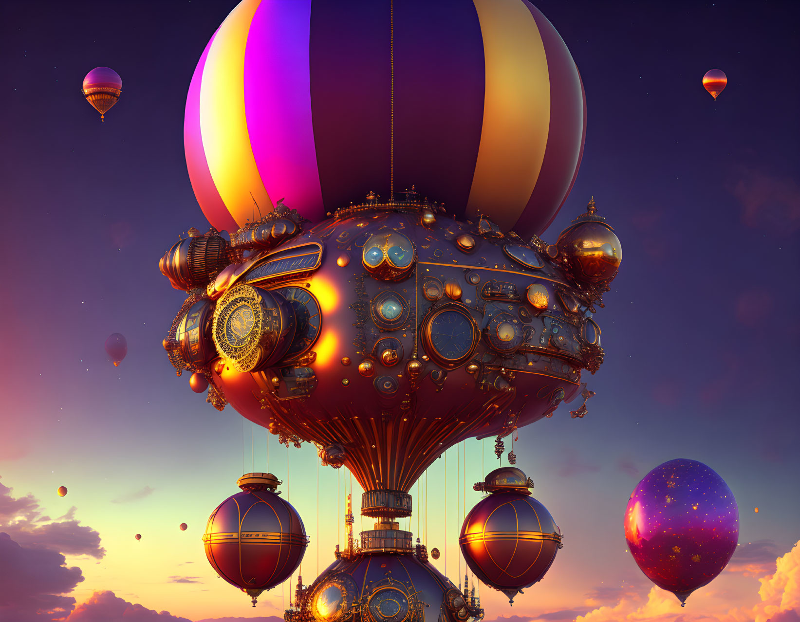 Intricate steampunk hot air balloon in vibrant sunset sky