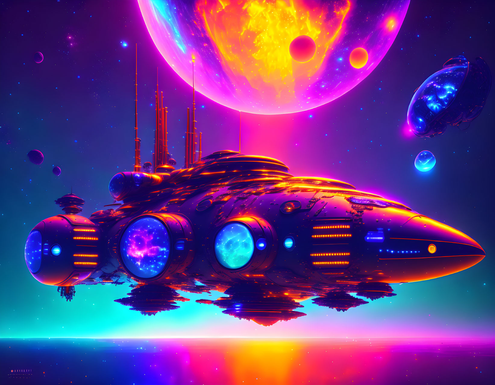 Futuristic spaceship in vibrant sci-fi space scene