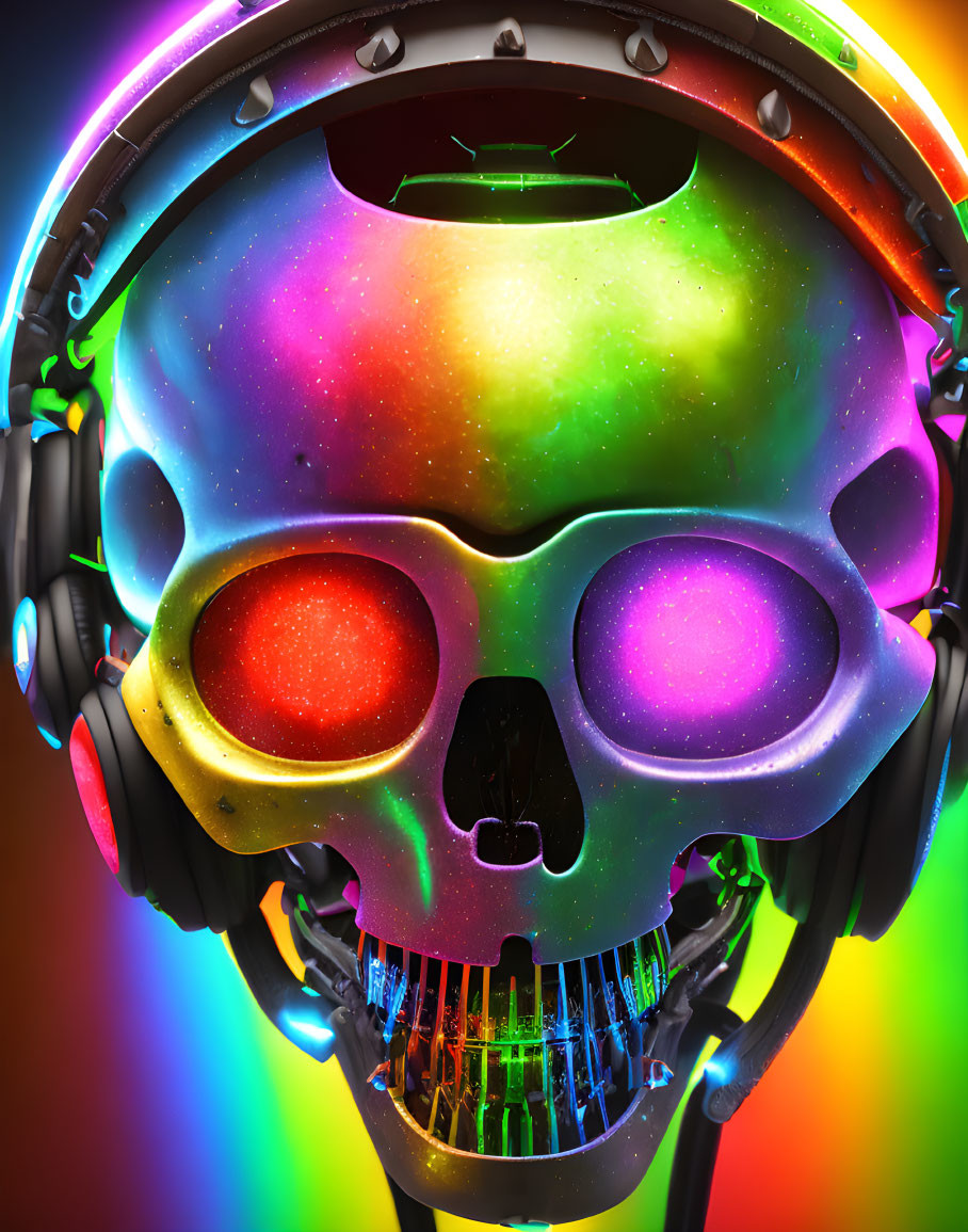 Colorful Galaxy Skull with Headphones on Rainbow Background