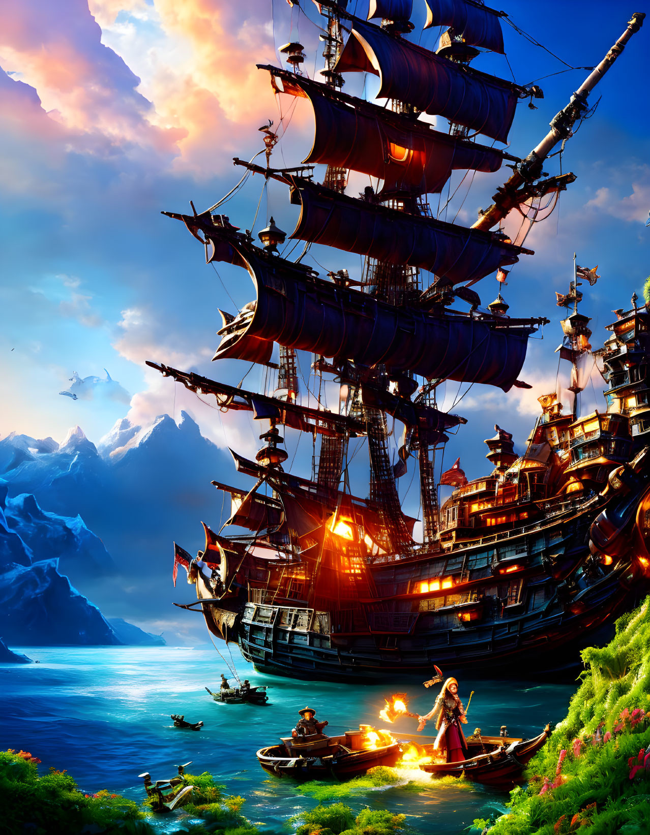 Majestic galleon near cliff with torchbearer and boats under bright sky