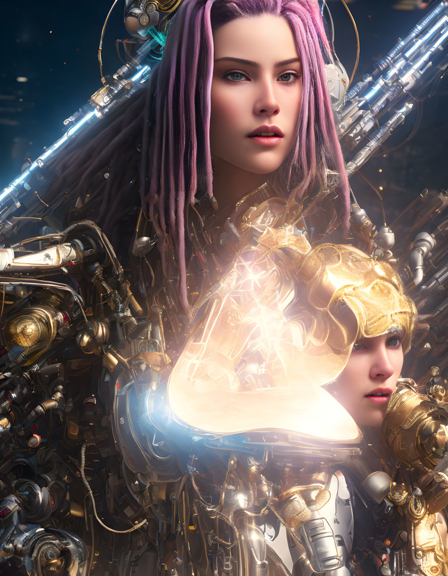 Futuristic sci-fi characters in glowing armor with purple hair