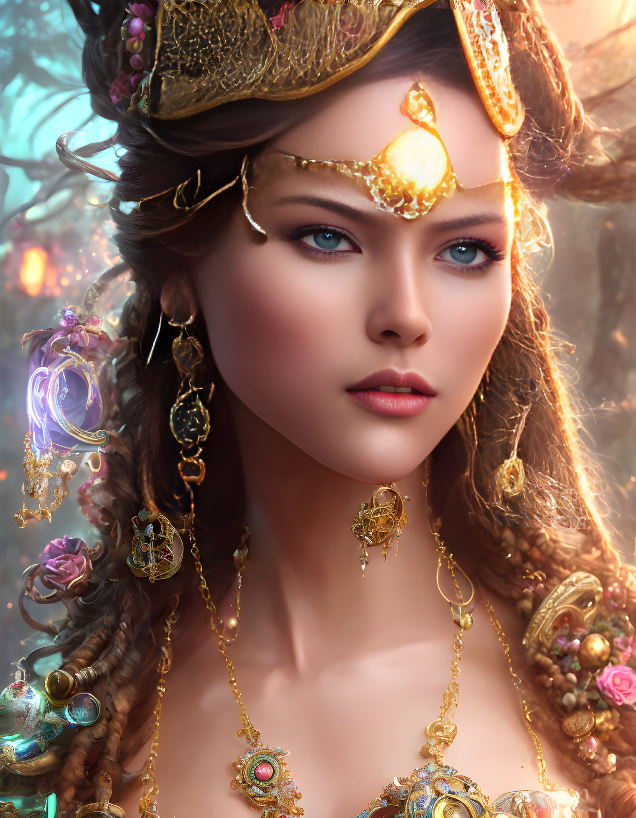 Woman adorned with gold jewelry and mystical baubles on ethereal background.