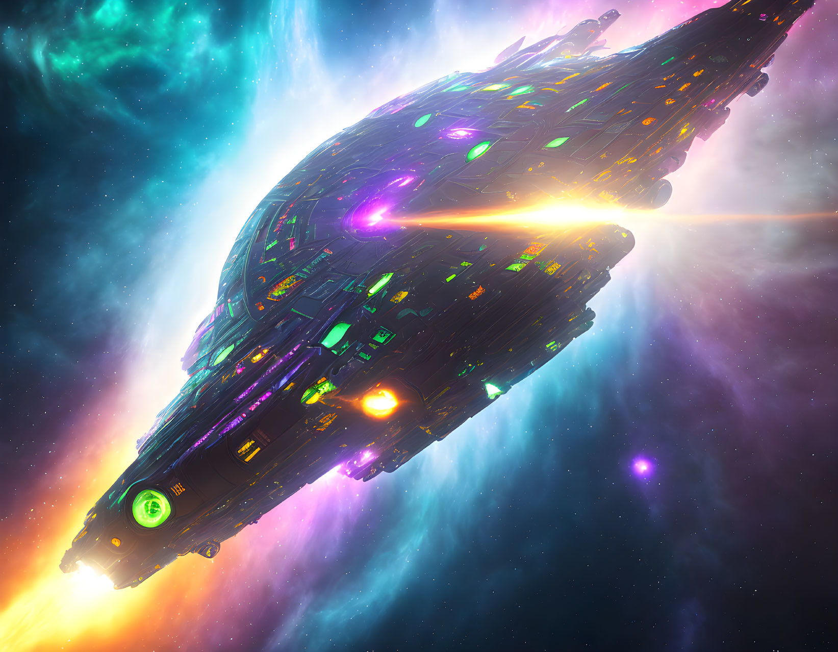 Futuristic spaceship in vibrant cosmic nebula