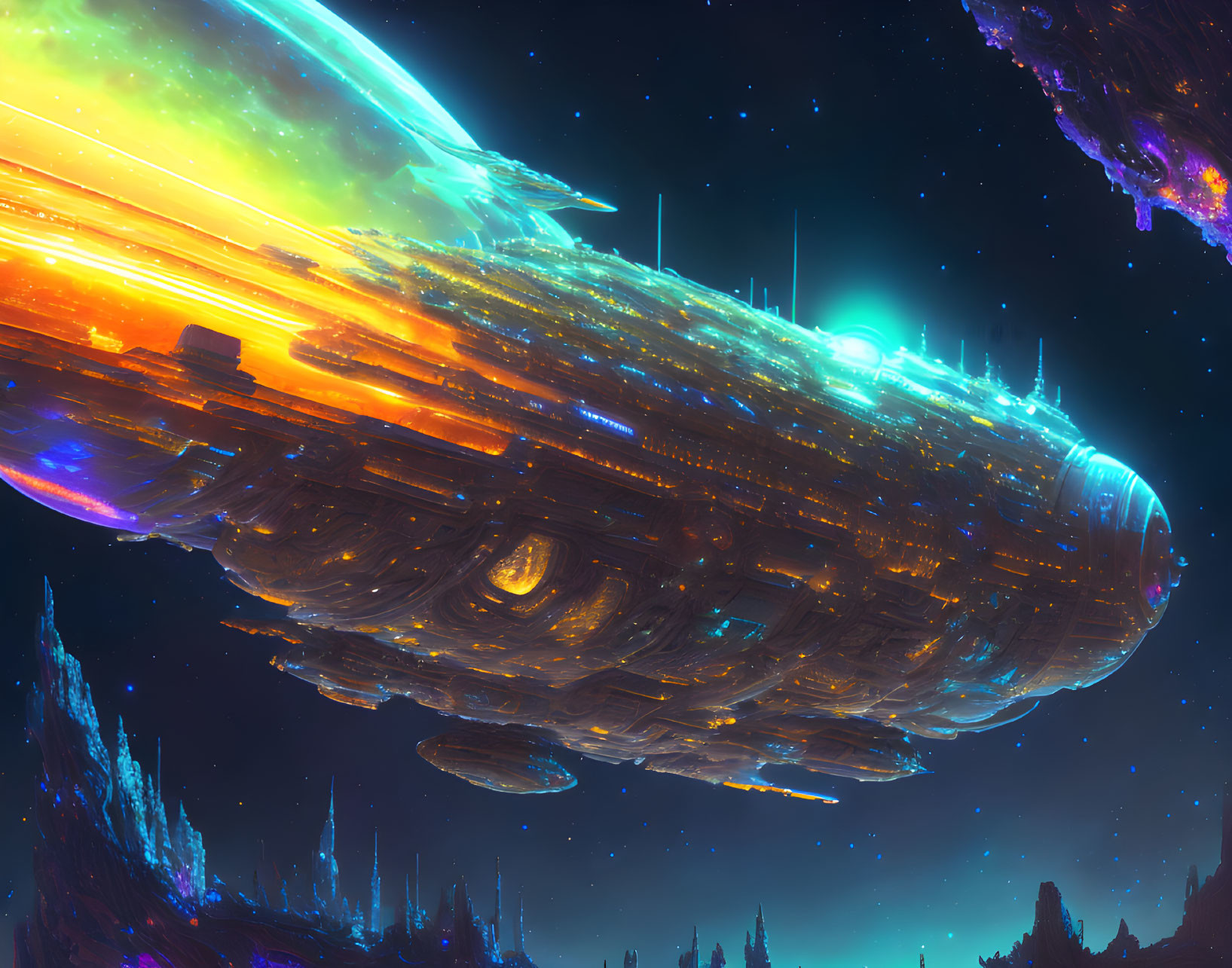 Large vibrant spaceship gliding through space with glowing trail amidst stars.