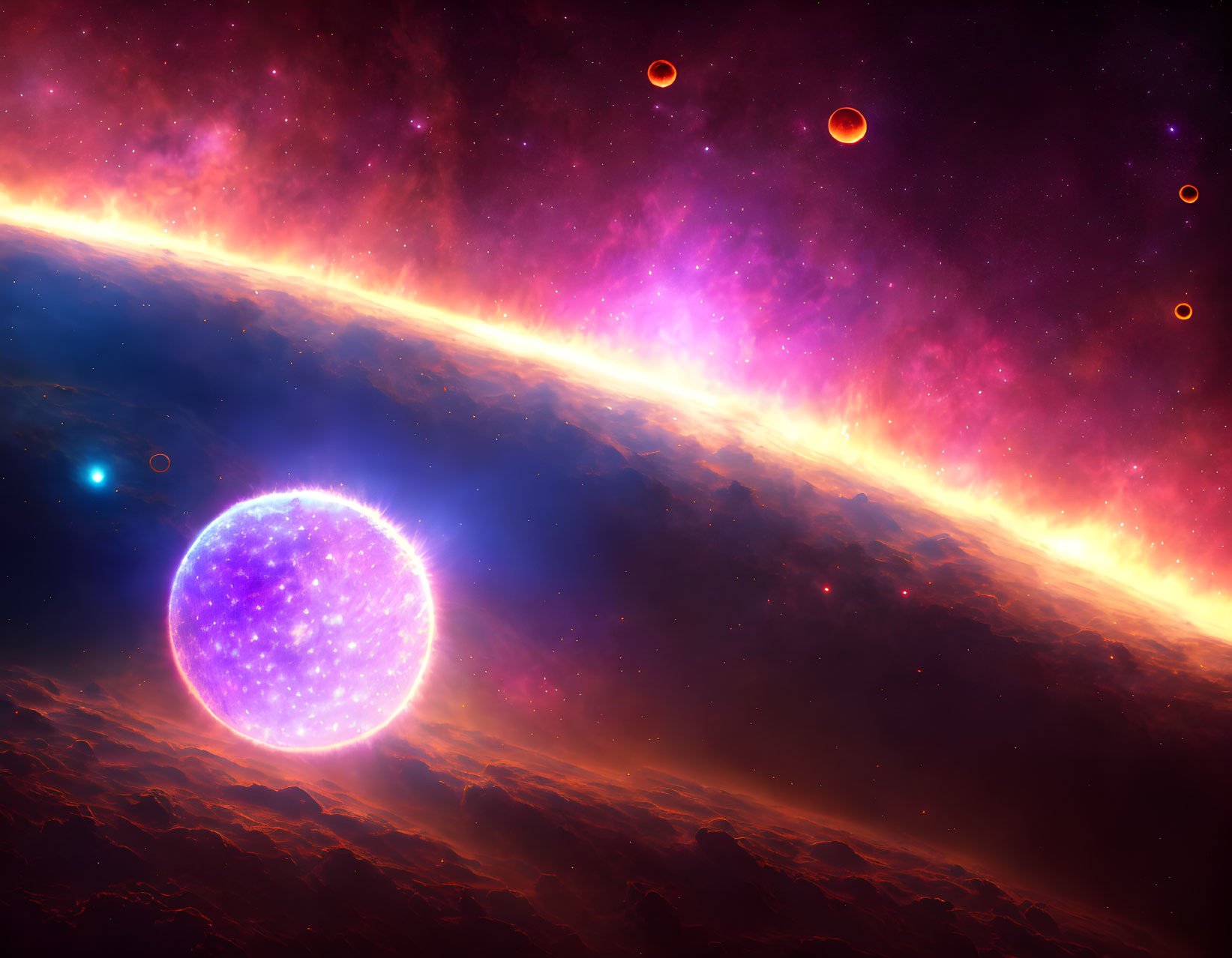 Colorful cosmic scene with blue star, orange-pink nebula, and celestial bodies.