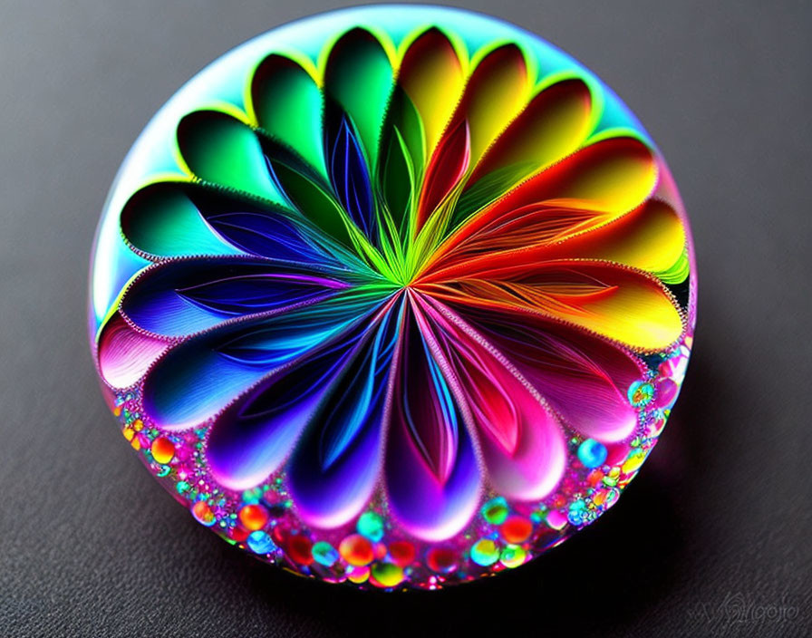 Colorful Glass Sphere with Iridescent Hues and Flower-like Patterns