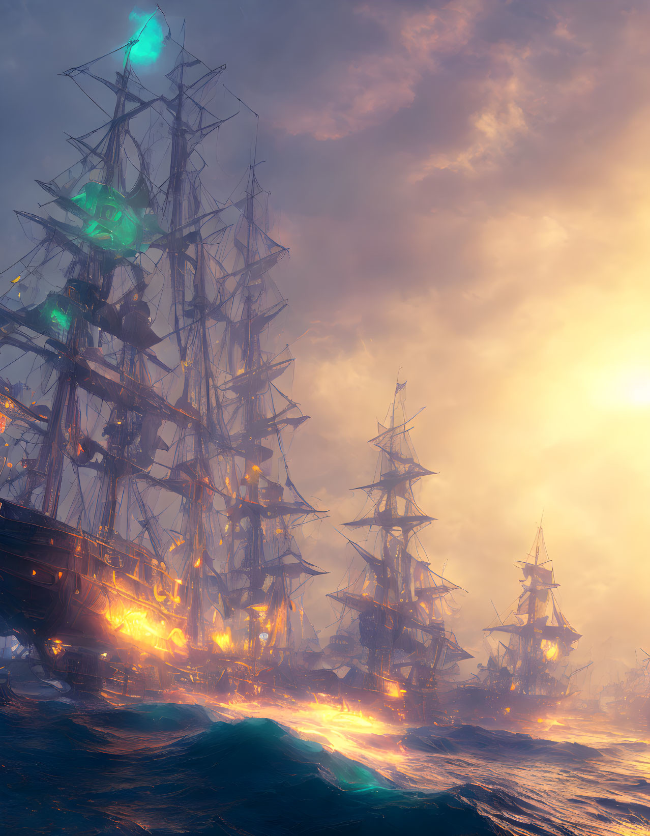 Ghostly ships with luminescent sails on fiery waters at sunset