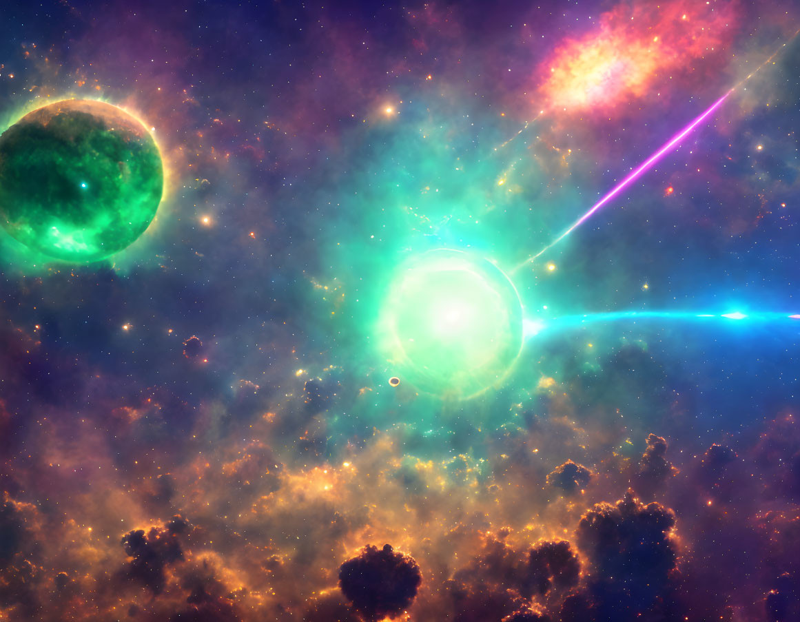 Colorful Cosmic Scene with Green Planet and Celestial Explosions