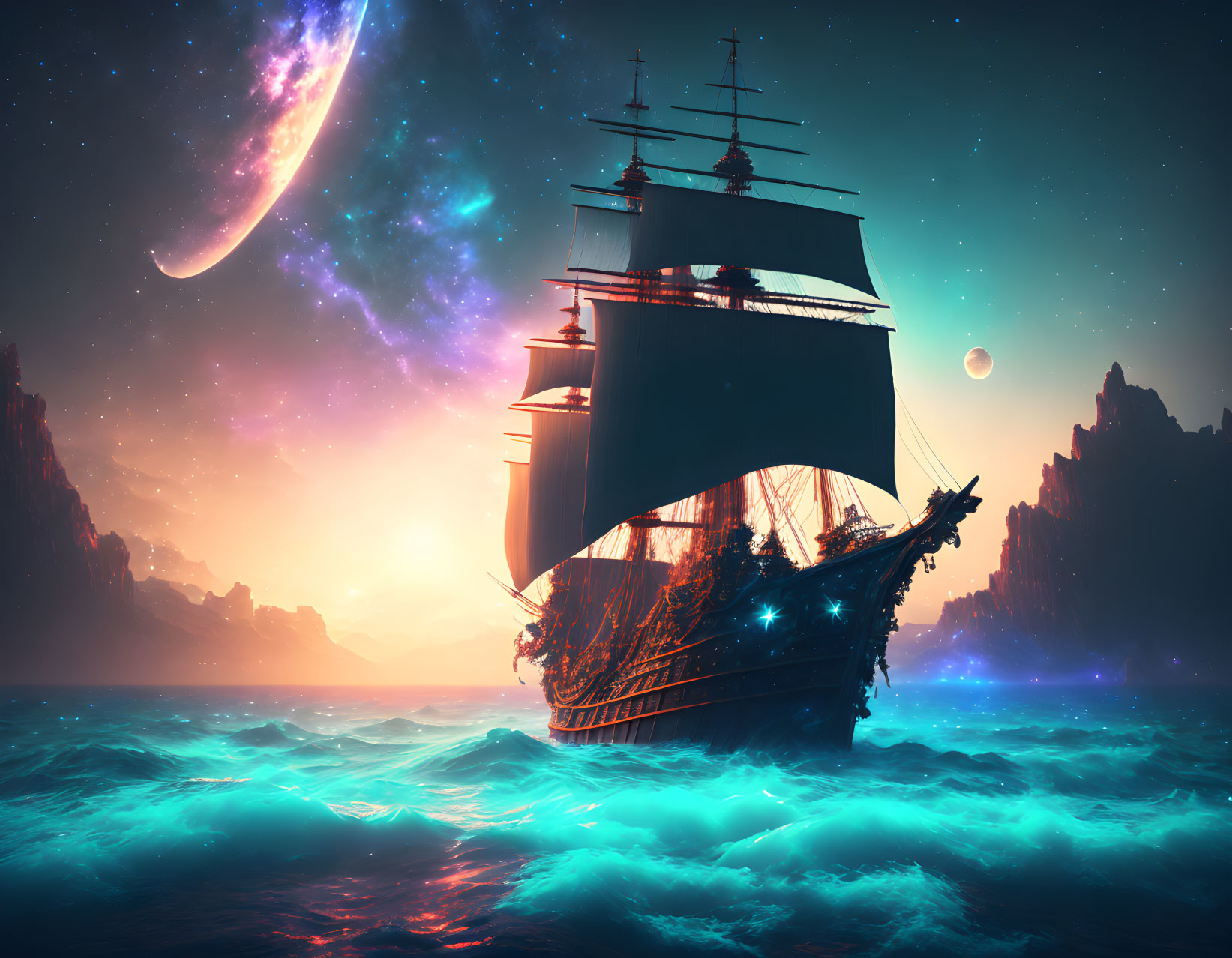 Tall ship on glowing otherworldly sea with two moons