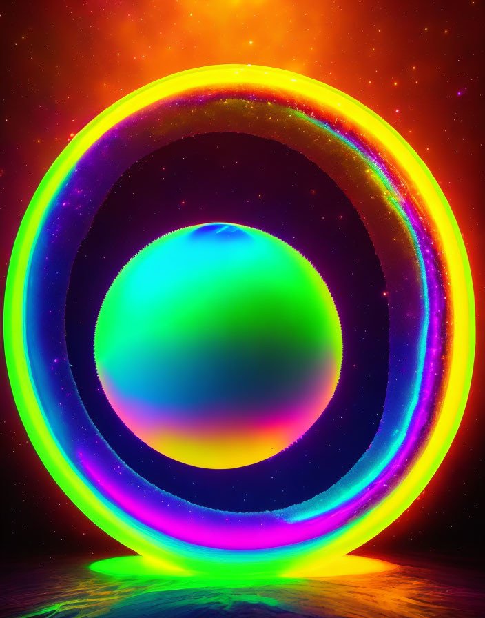 Colorful neon rings around glowing sphere on glossy surface in starry backdrop