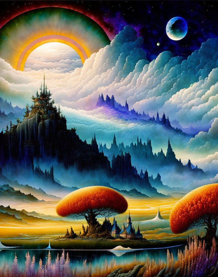 Surrealist landscape with mushroom trees, mountains, castles, rainbow, and planet