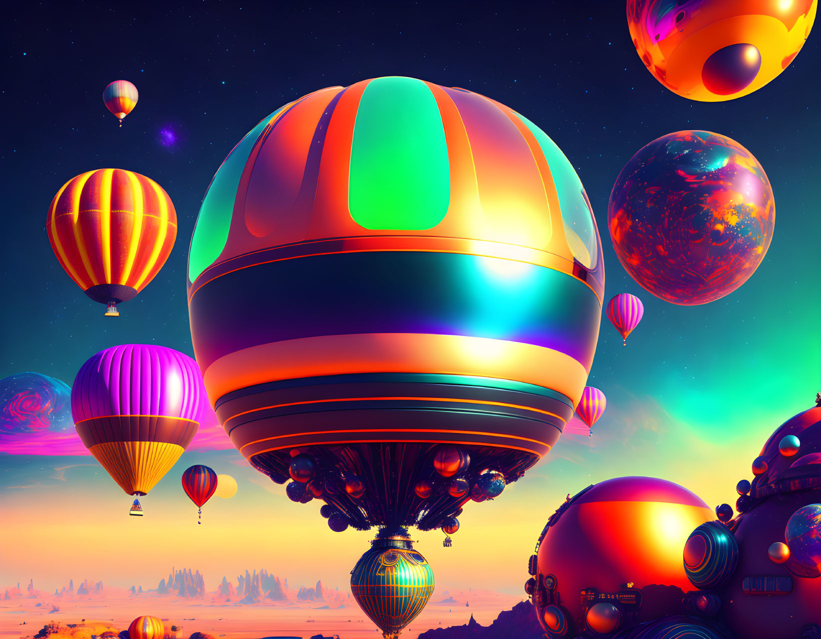 Vivid hot air balloons in surreal alien sky