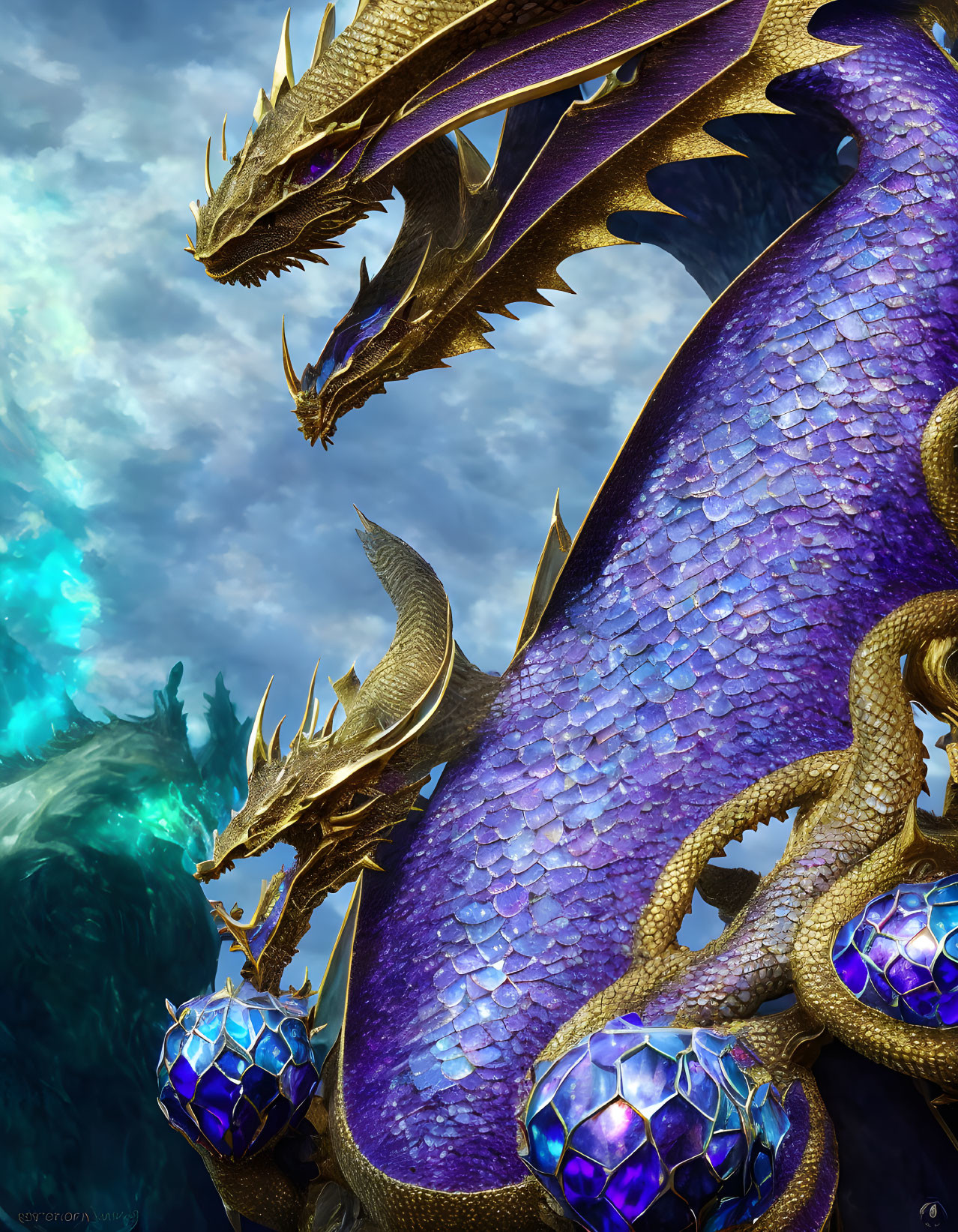 Blue and Gold Majestic Dragon with Multiple Heads and Crystal Adornments