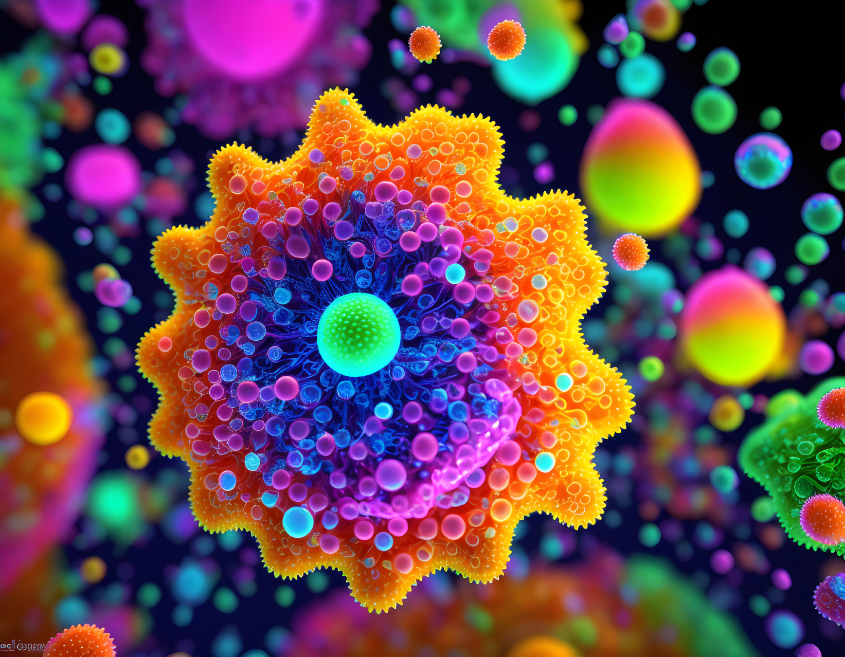 Multicolored 3D-rendered image of cell-like structure with floating particles