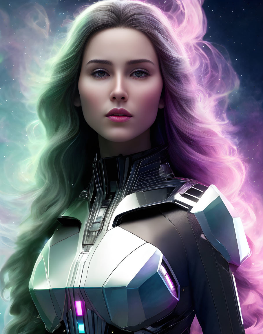 Digital portrait of woman with green hair in futuristic armor suit against cosmic nebula.