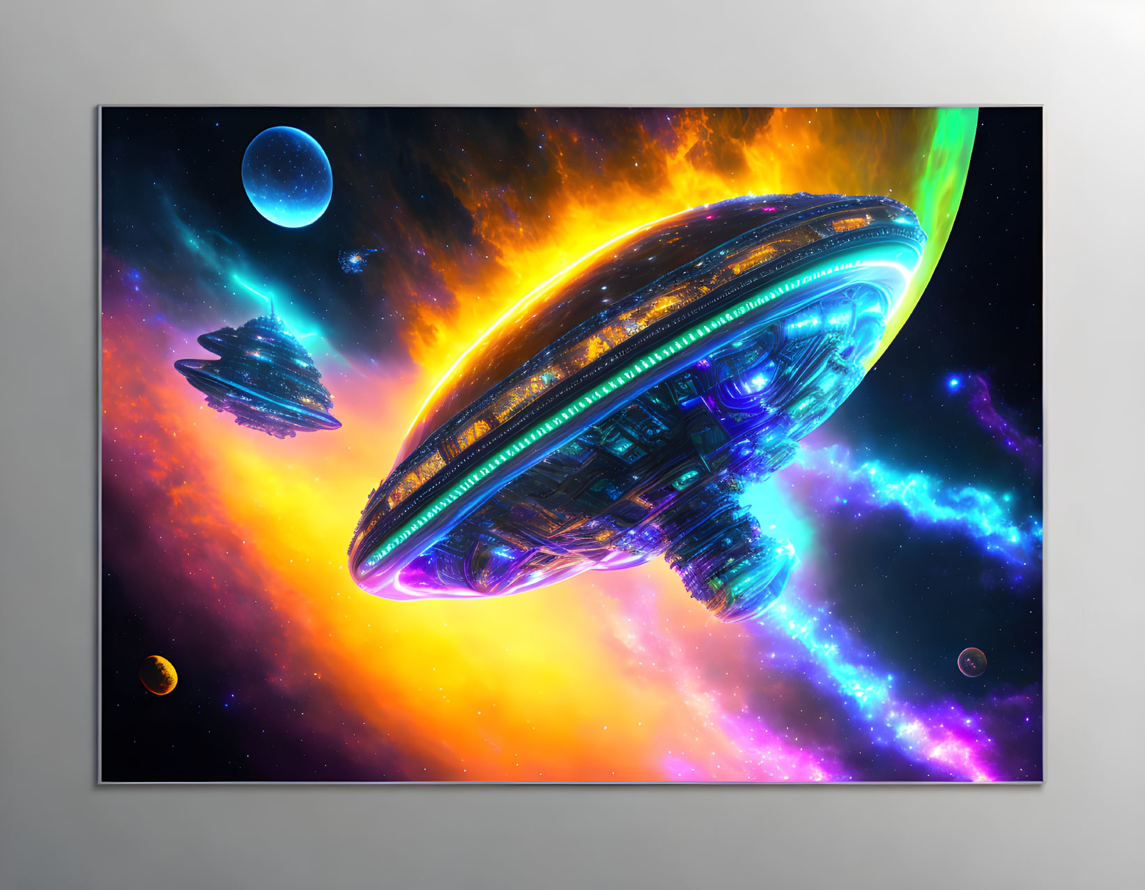 Colorful Cosmic Scene with Futuristic Spaceships on Wall Canvas