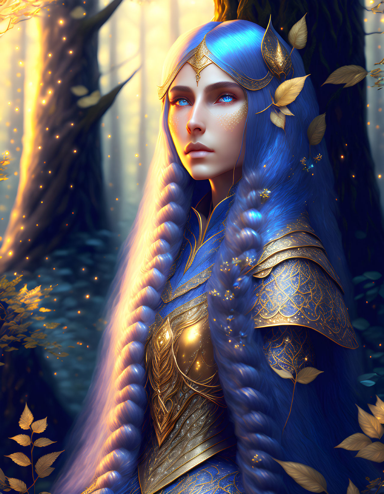 Ethereal figure in blue hair and golden armor in mystical forest