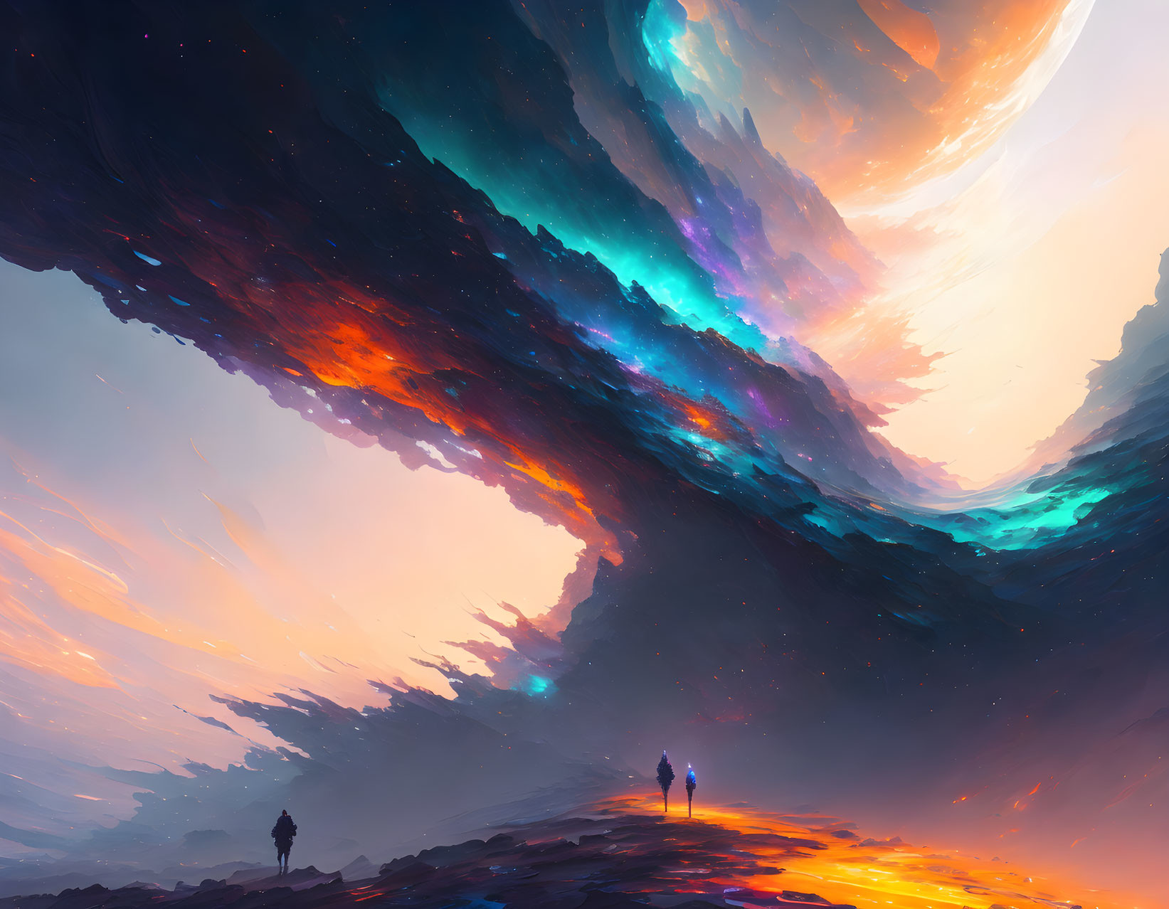 Vibrant digital painting of two figures under cosmic sky