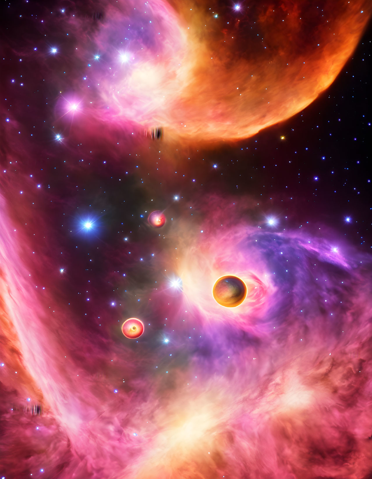 Colorful cosmic scene with orange celestial body, stars, planets, and nebulas.