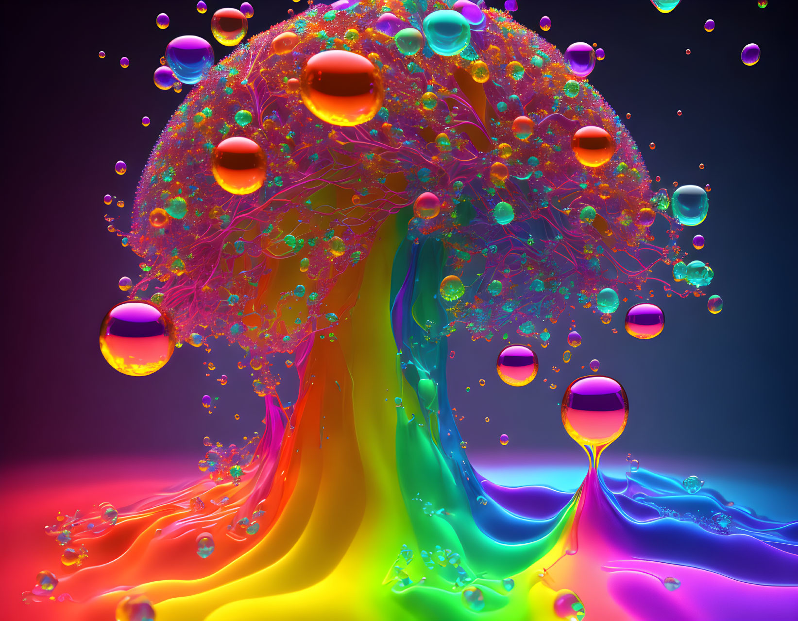 Vibrant abstract tree-like structure with flowing lines and droplets on gradient background