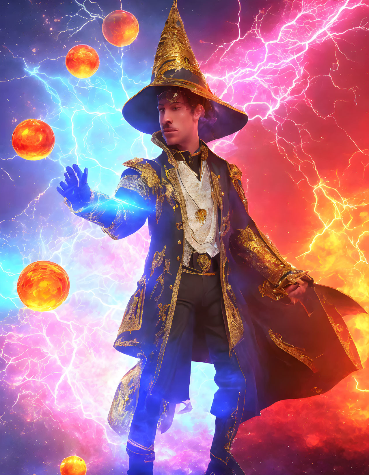 Wizard in Blue Cloak Manipulating Fiery Orbs in Electric Background