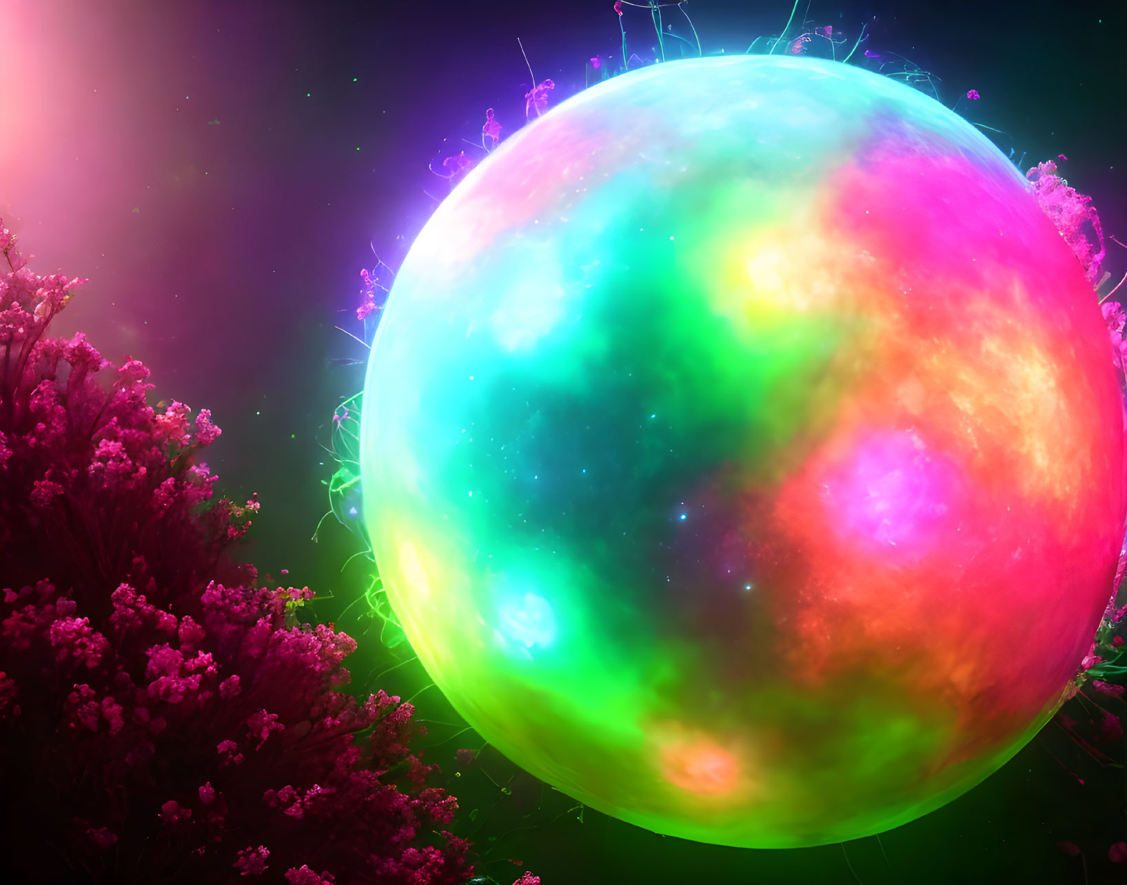 Multicolored nebulous sphere with pink blossoms on cosmic backdrop