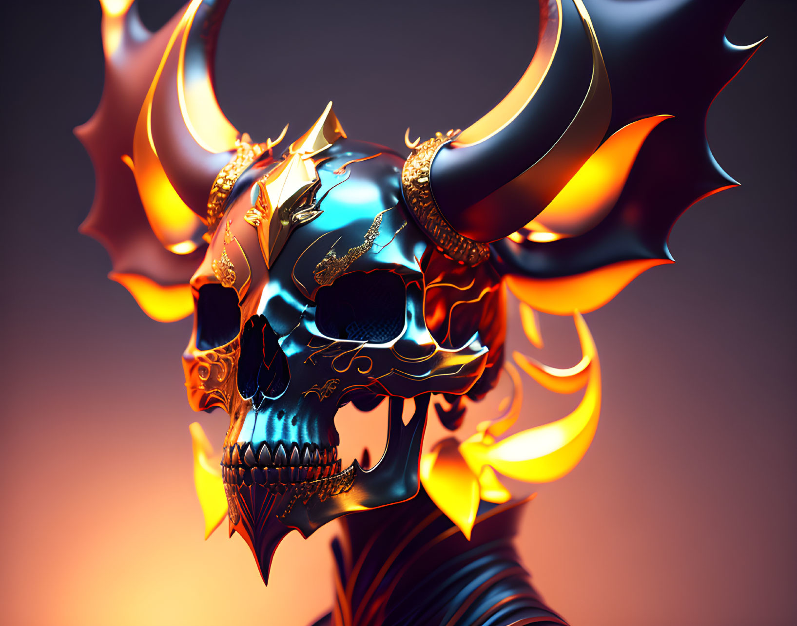 Skull with Horns and Flames in Fiery 3D Illustration