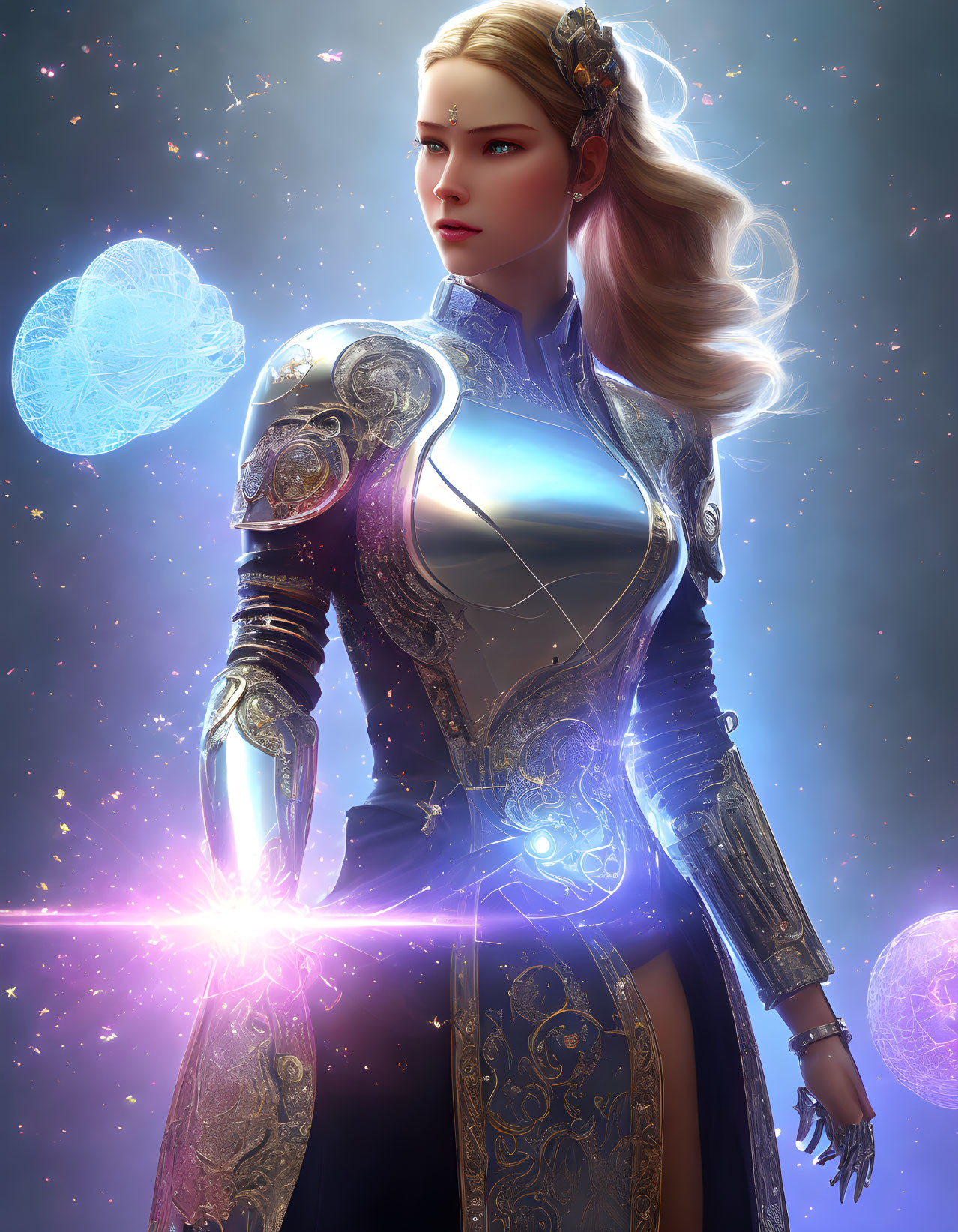 Female warrior in ornate armor with glowing orb in dynamic setting