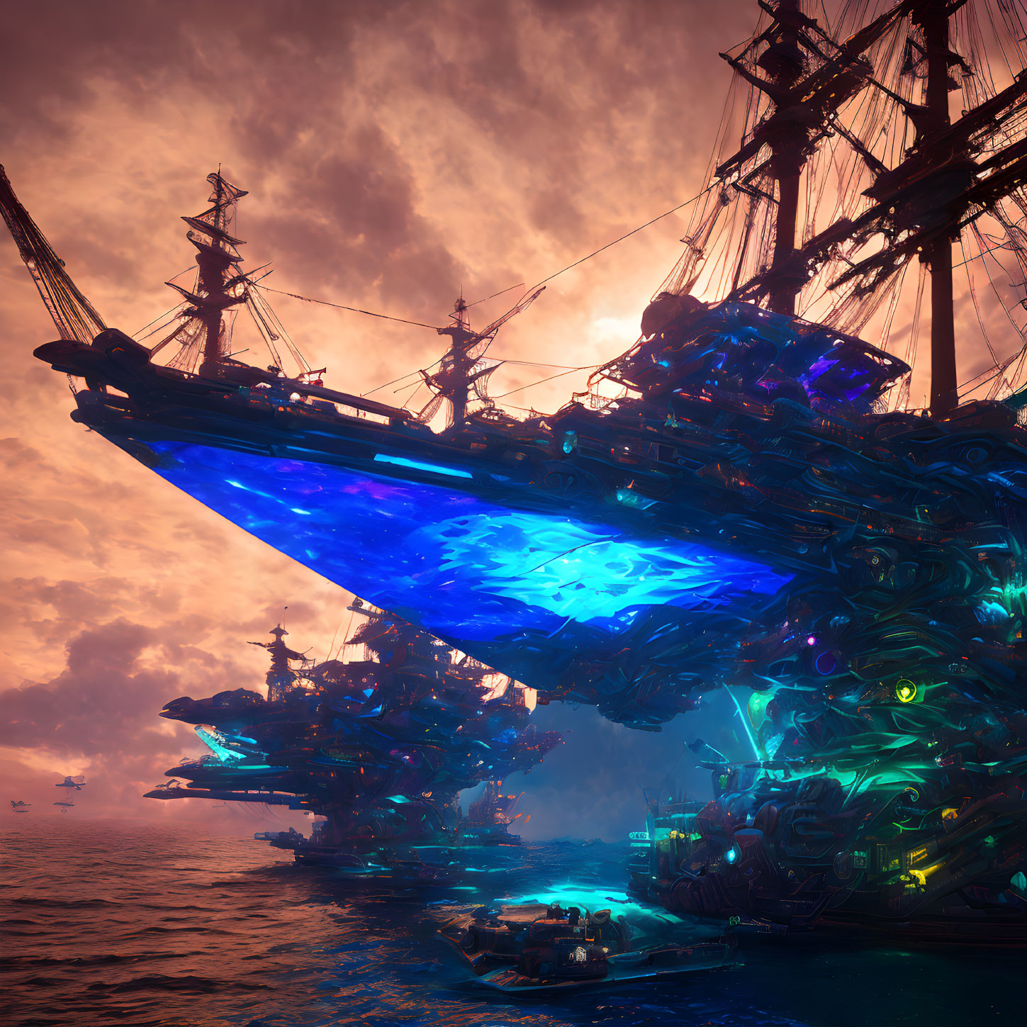 Futuristic illuminated ships with blue and green accents under dramatic sunset sky