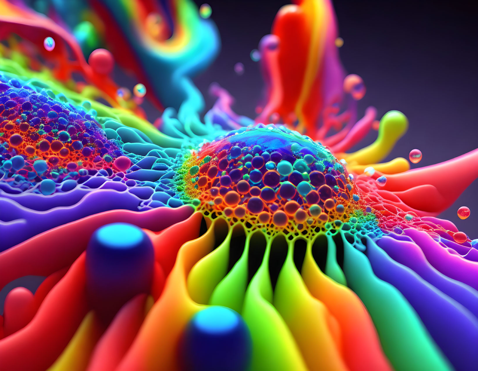 Colorful 3D liquid splash with bubbles: dynamic microscopic illustration