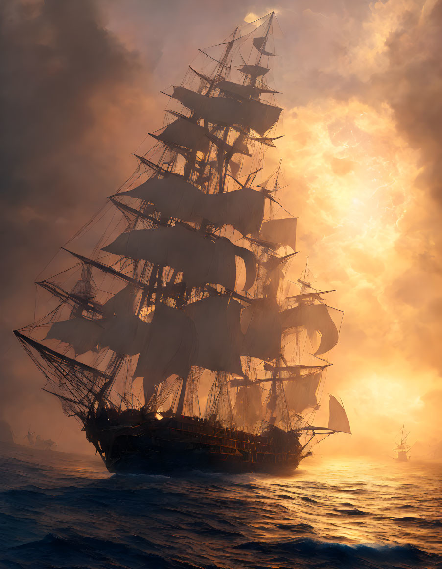 Majestic tall ship sailing at sunset with unfurled sails