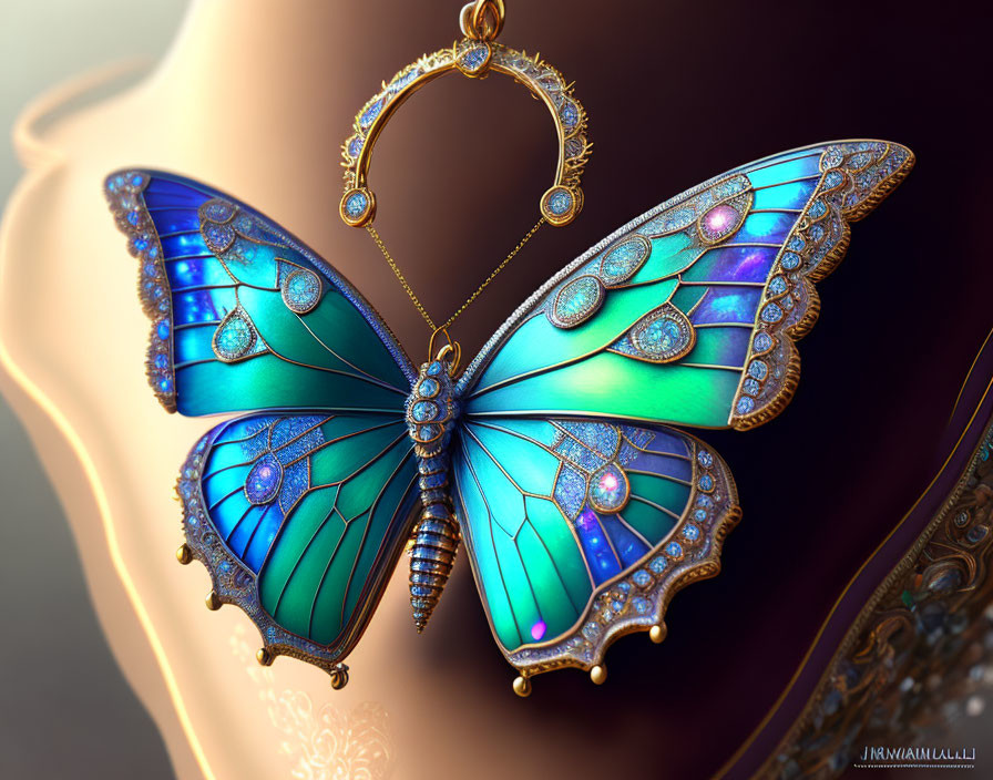 Detailed Jewel-Encrusted Butterfly Pendant with Blue and Green Wings