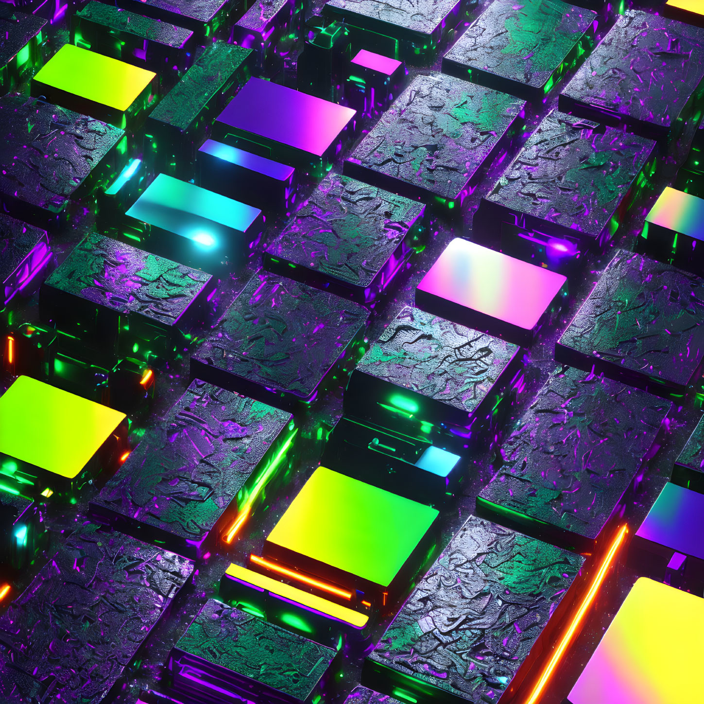 Vibrant neon lights on illuminated circuit board with metallic reflections