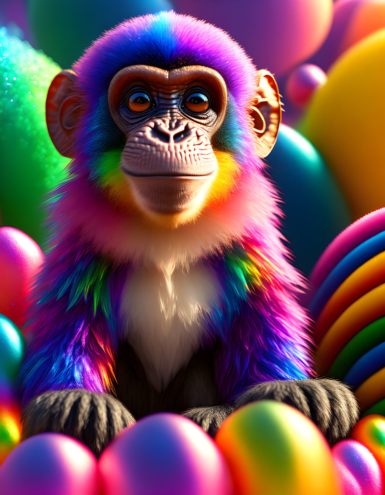 Colorful Monkey Surrounded by Rainbow Spheres