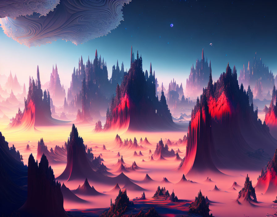 Majestic pink mountains and floating islands in misty fantasy landscape