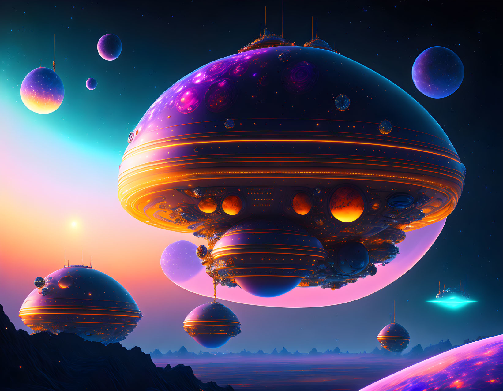 Vibrant sci-fi landscape with floating spherical cities and spaceship in sunset sky