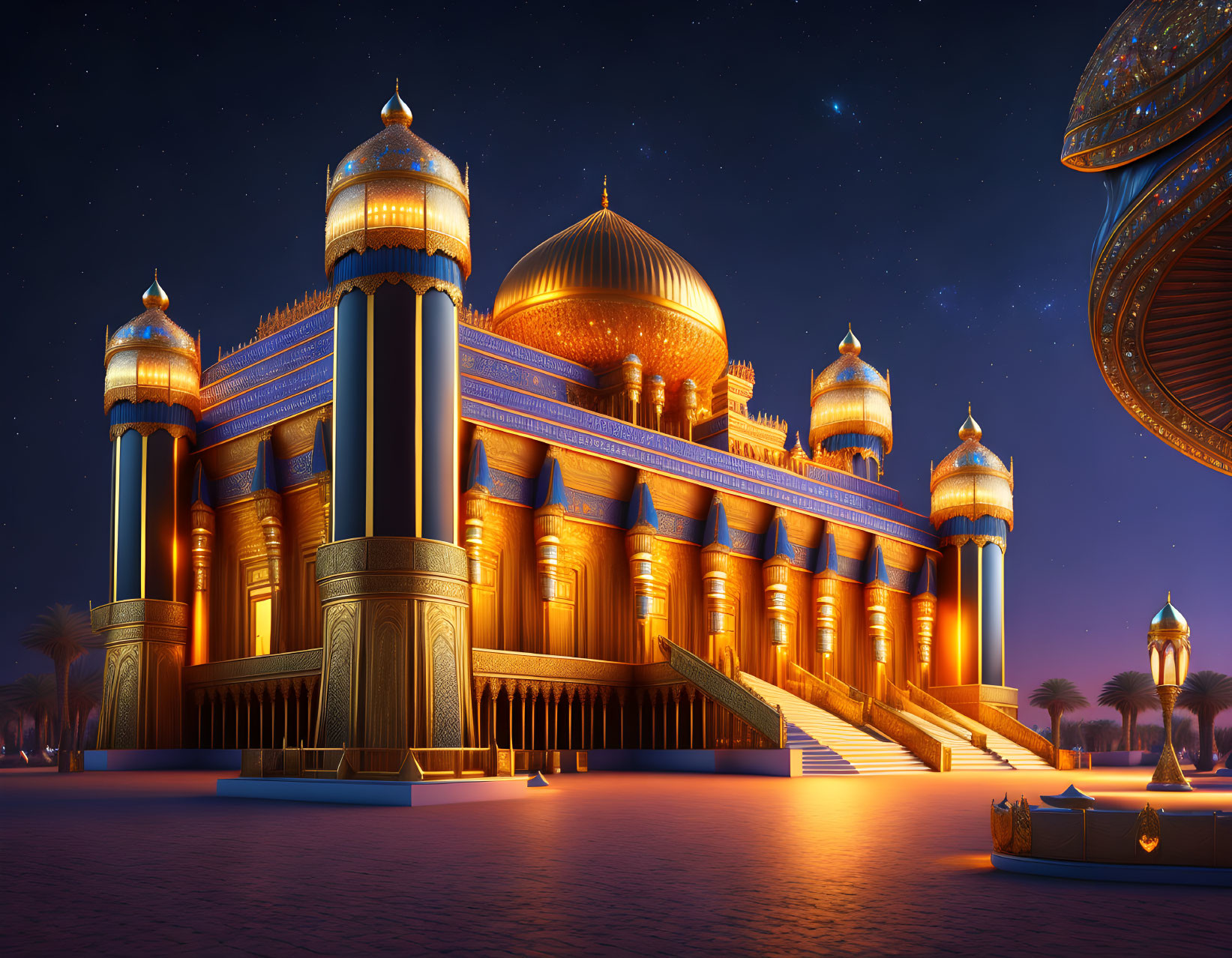 Palace with Golden Domes and Towers at Twilight