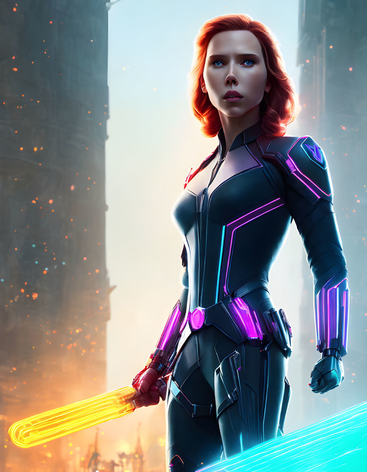 Futuristic female character with glowing sword in digital illustration